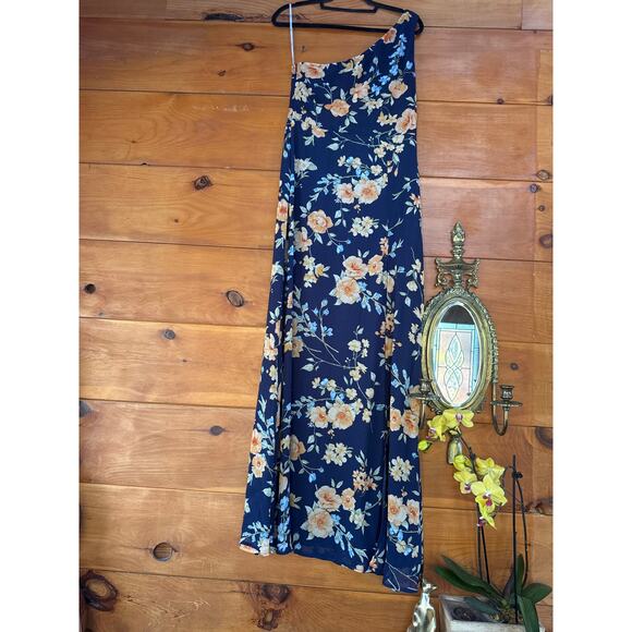 NWT Lulus Elegant Admiration Navy Blue Floral One-Shoulder Maxi Dress Cruise S - Picture 2 of 7
